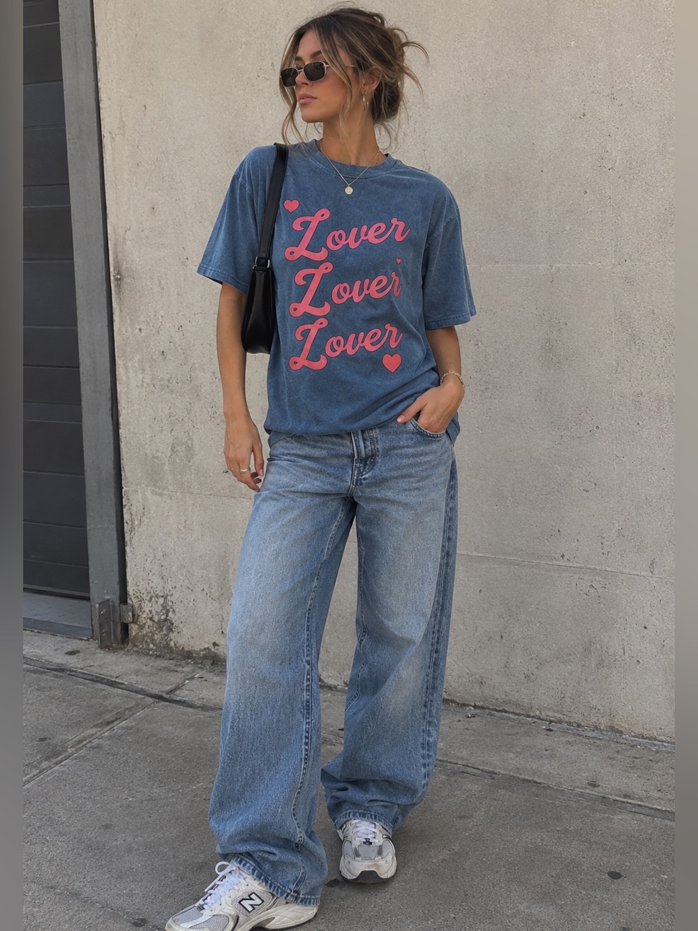 Nasty Gal Grey-Blue Graphic 'Lover' Tee with Pink Script
